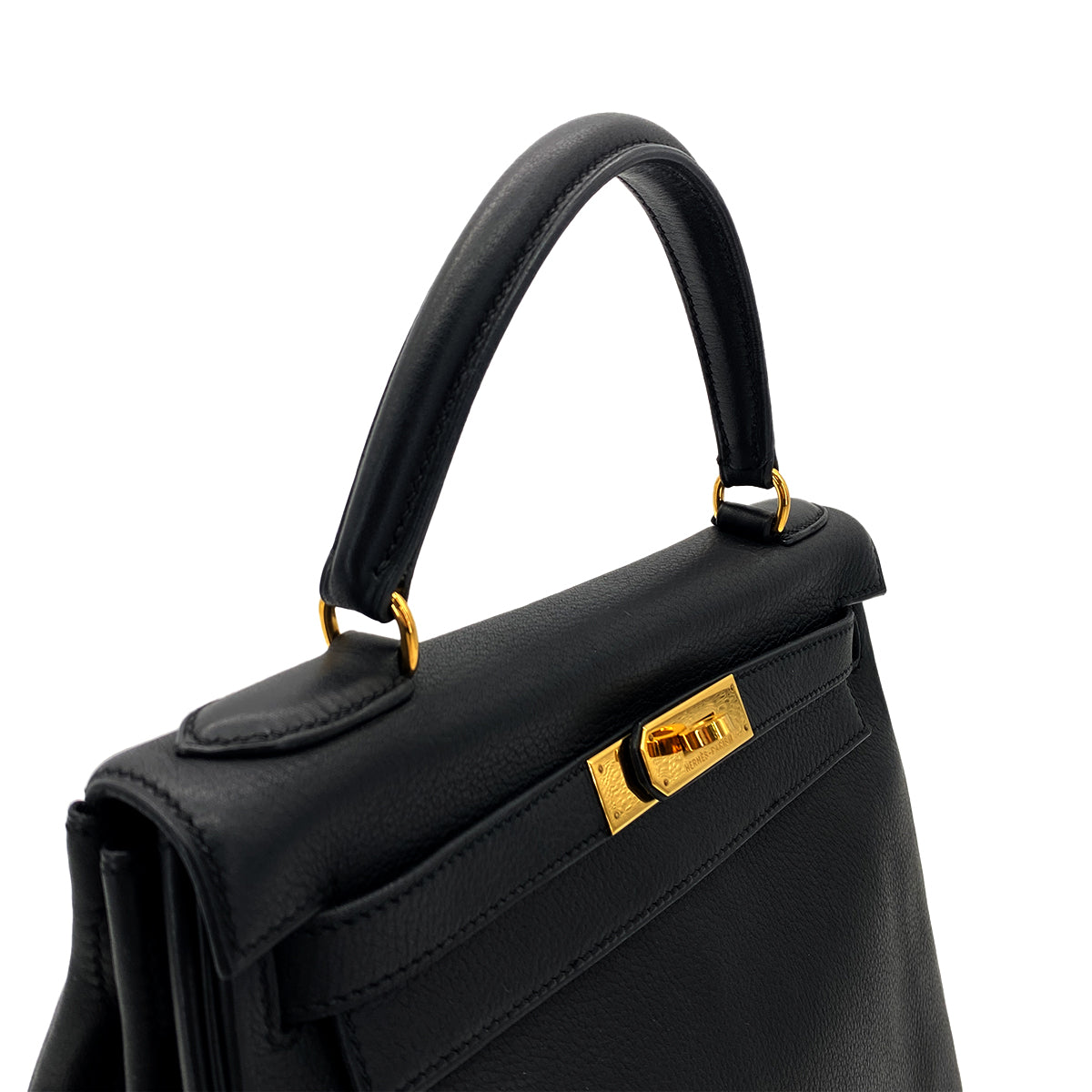 HERMES KELLY 28 RETOURNE BLACK EVERCOLOR HAND SHOULDER BAG □B GHW 90286178