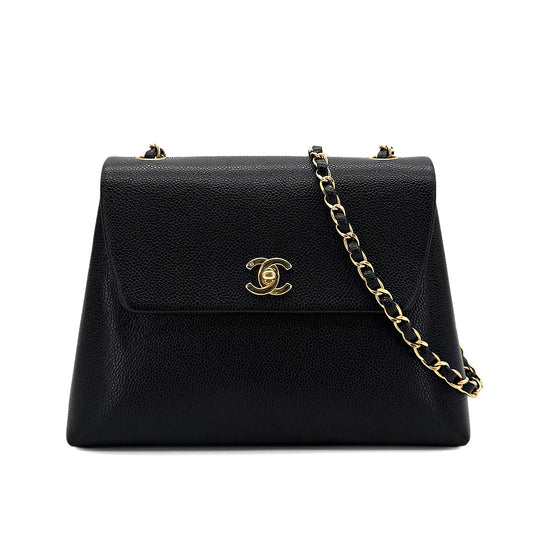 CHANEL VINTAGE TURN LOCK CHAIN TOTE BAG BLACK CAVIAR SKIN 90286183