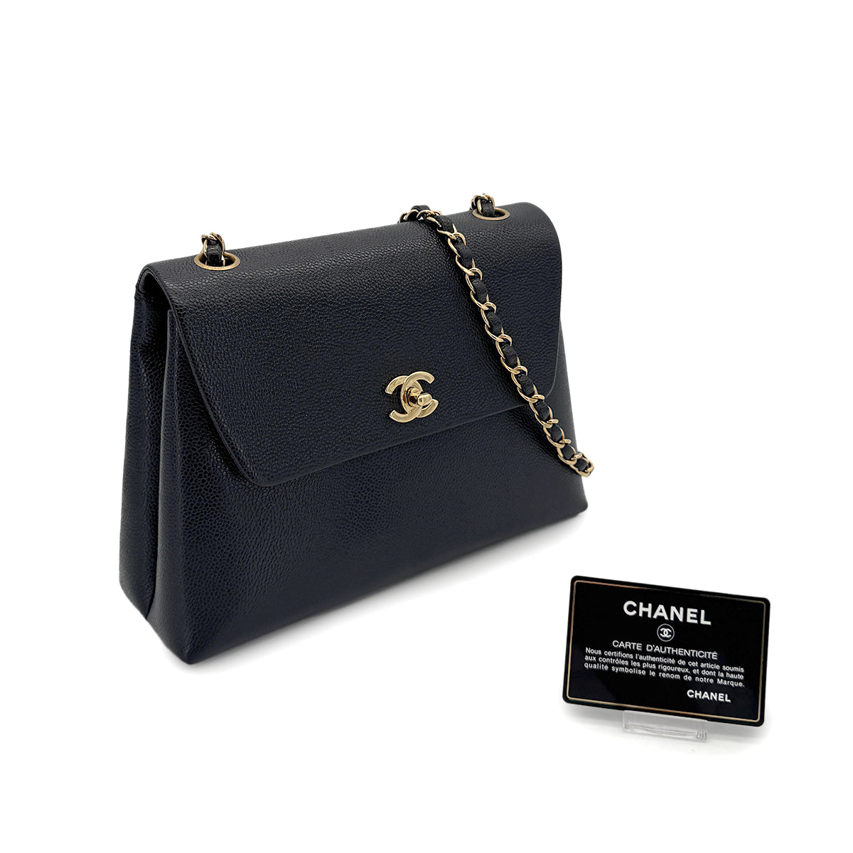 CHANEL VINTAGE TURN LOCK CHAIN TOTE BAG BLACK CAVIAR SKIN 90286183