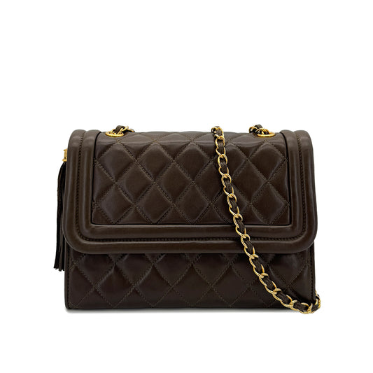CHANEL VINTAGE MATELASSE CHAIN SHOULDER BAG FRINGE BROWN LAMB SKIN 90286188