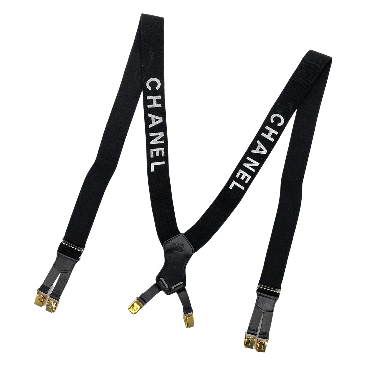 CHANEL VINTAGE SUSPENDER LOGO BLACK WHITE CANVAS LEATHER 90286190