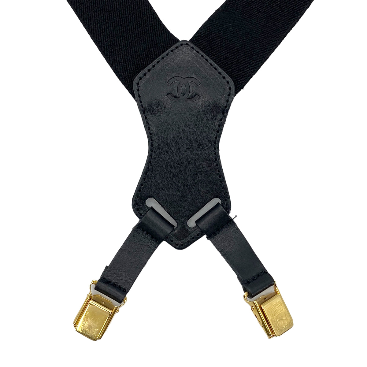 CHANEL VINTAGE SUSPENDER LOGO BLACK WHITE CANVAS LEATHER 90286190