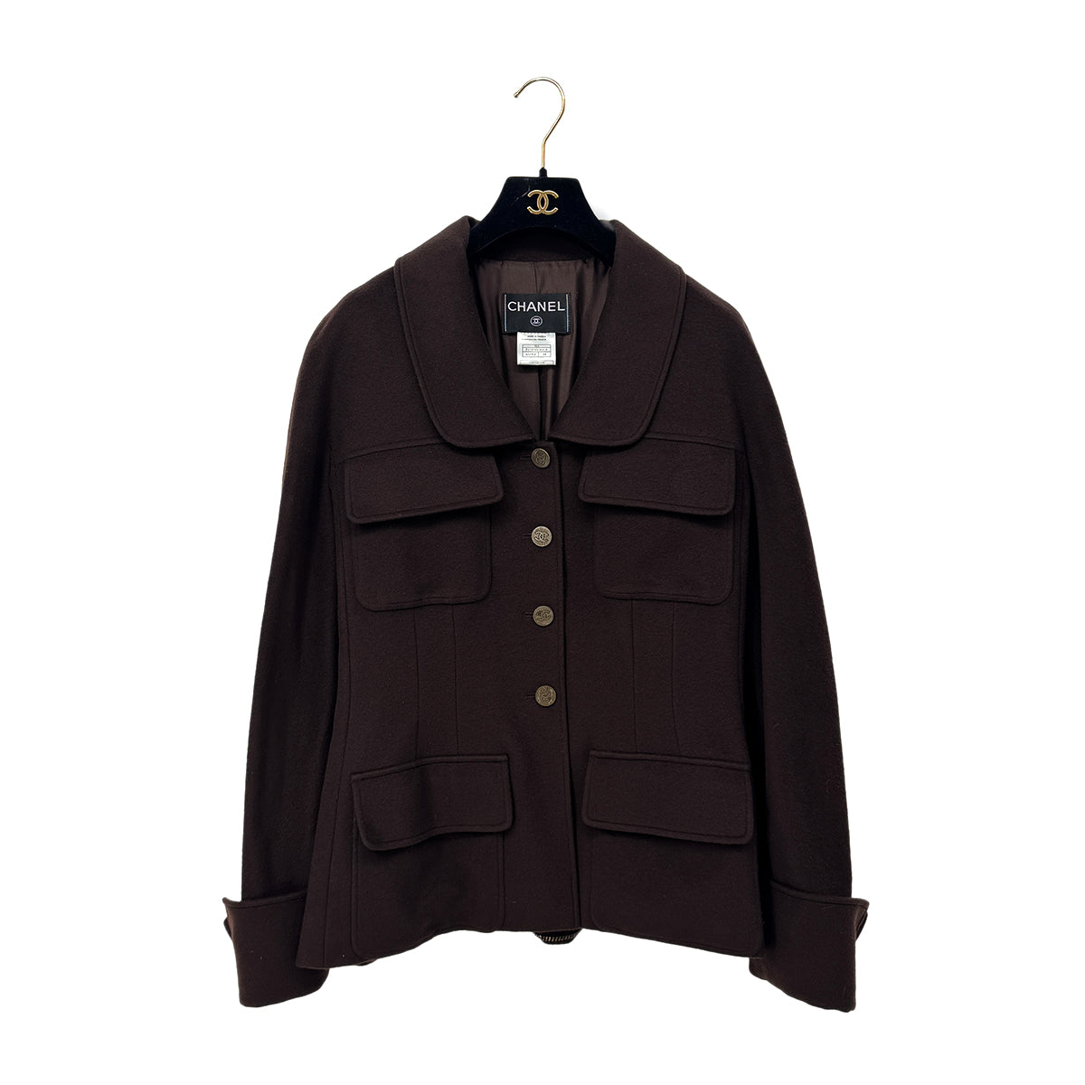 CHANEL VINTAGE COCO BUTTON JACKET BROWN CASHMERE 44 98A RTW 90286194