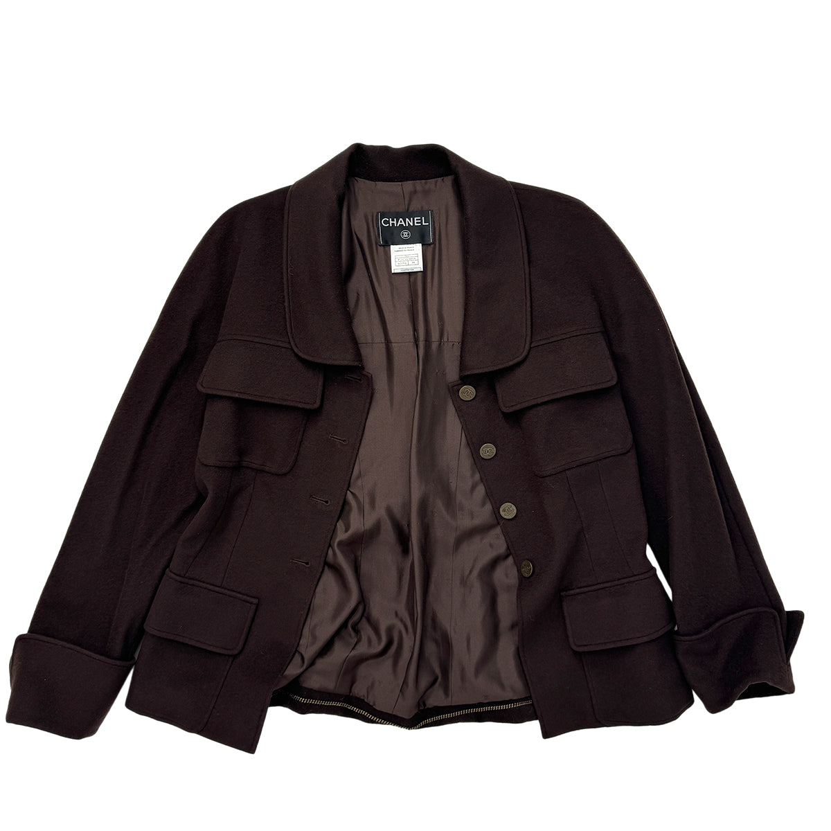 CHANEL VINTAGE COCO BUTTON JACKET BROWN CASHMERE 44 98A RTW 90286194