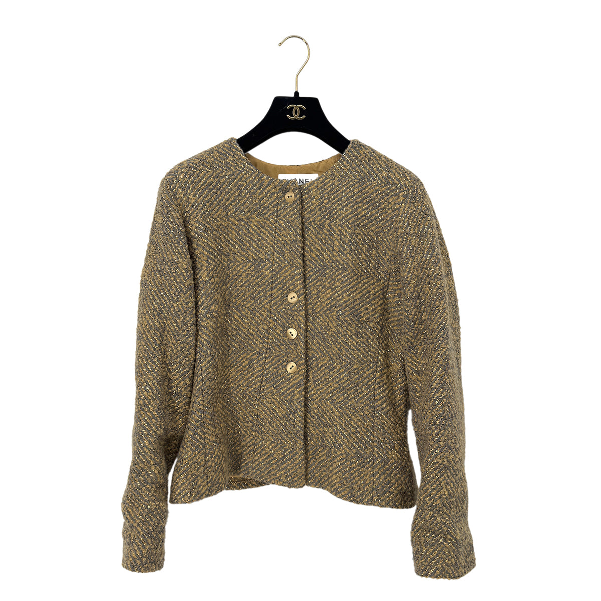 CHANEL VINTAGE TWEED JACKET GOLD GRAY WOOL 44 00A RTW 90286196