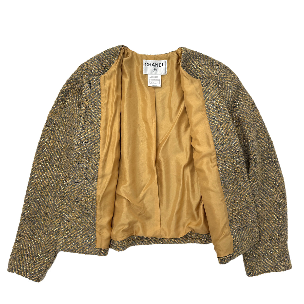 CHANEL VINTAGE TWEED JACKET GOLD GRAY WOOL 44 00A RTW 90286196