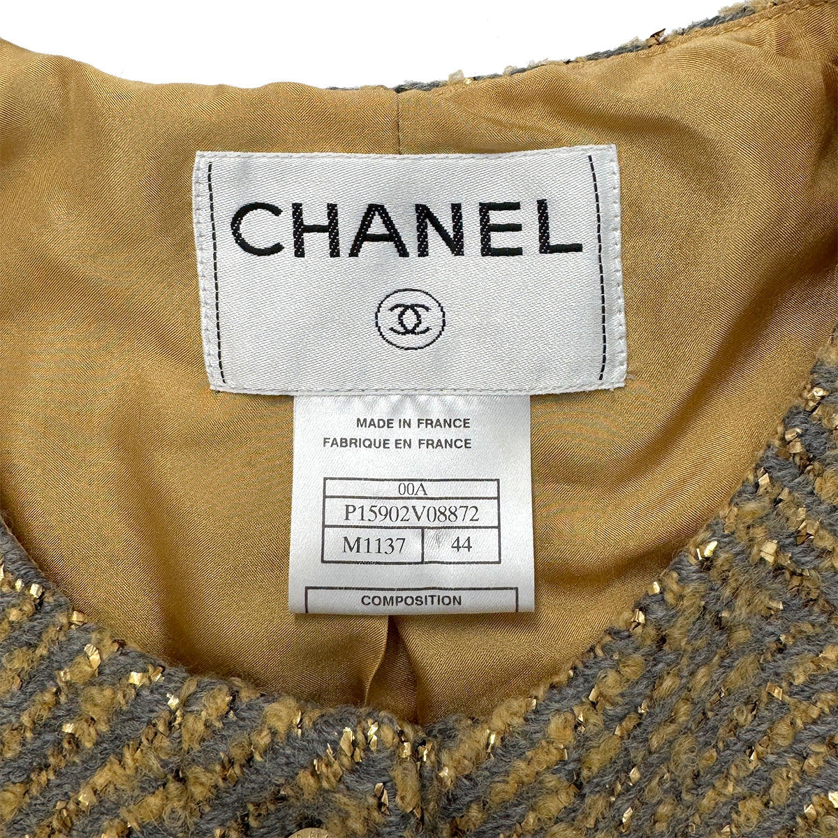 CHANEL VINTAGE TWEED JACKET GOLD GRAY WOOL 44 00A RTW 90286196