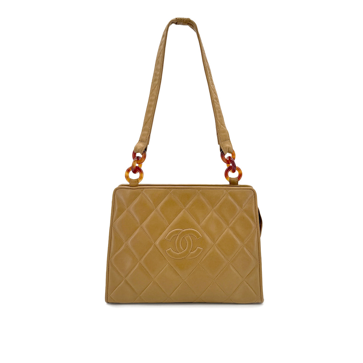 CHANEL VINTAGE MATELASSE TORTOISESHELL CHAIN SHOULDER BAG BEIGE LAMB SKIN 90286567