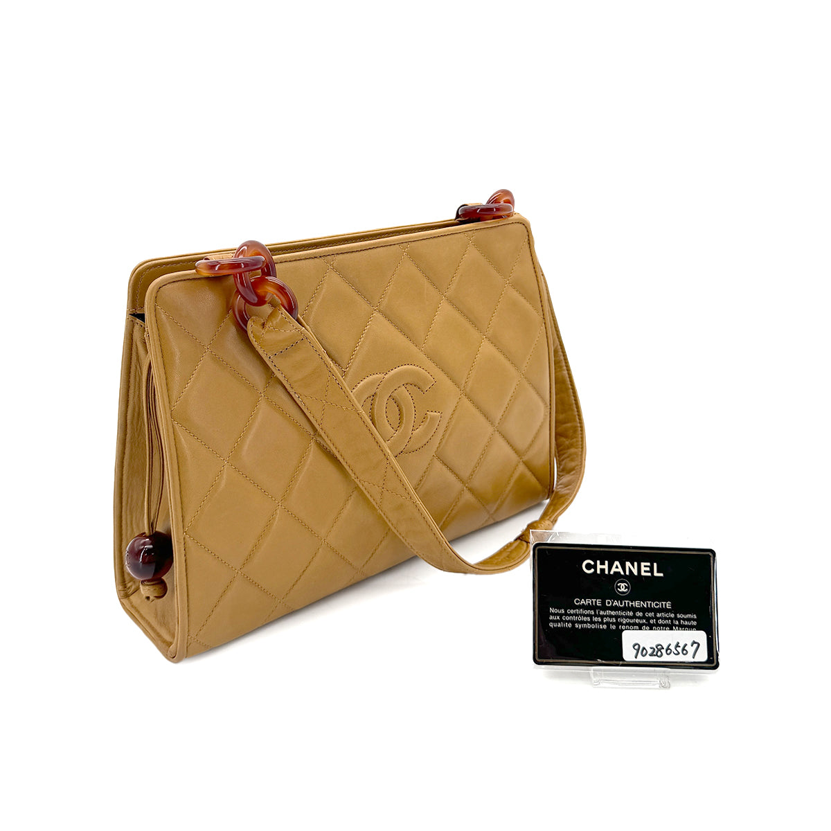 CHANEL VINTAGE MATELASSE TORTOISESHELL CHAIN SHOULDER BAG BEIGE LAMB SKIN 90286567