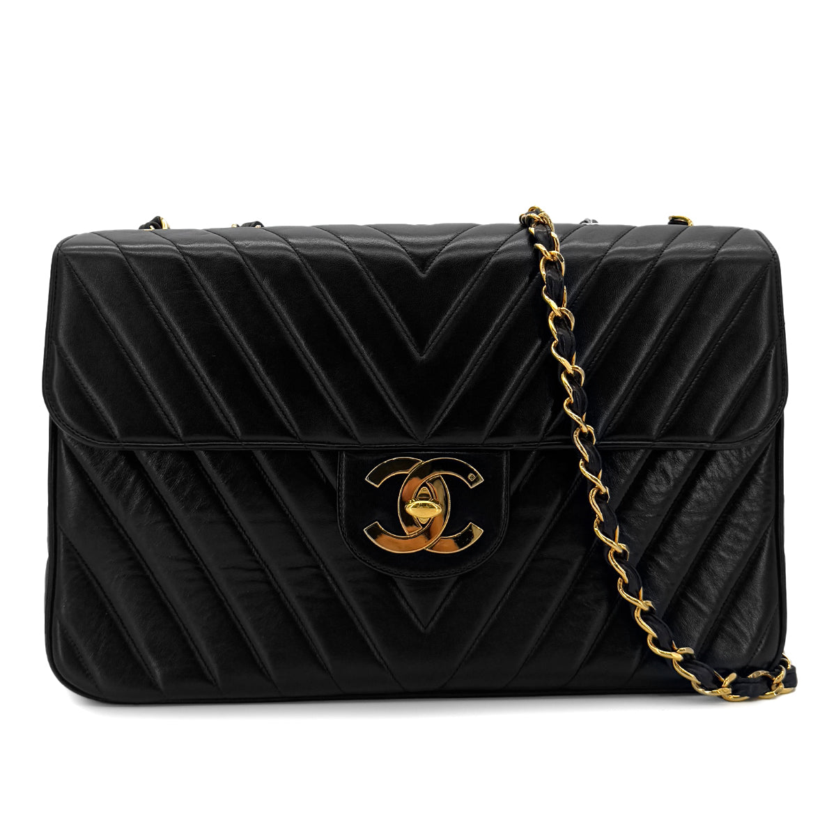 CHANEL VINTAGE CHEVRON CHAIN SHOULDER BAG BLACK LAMB SKIN 90286581