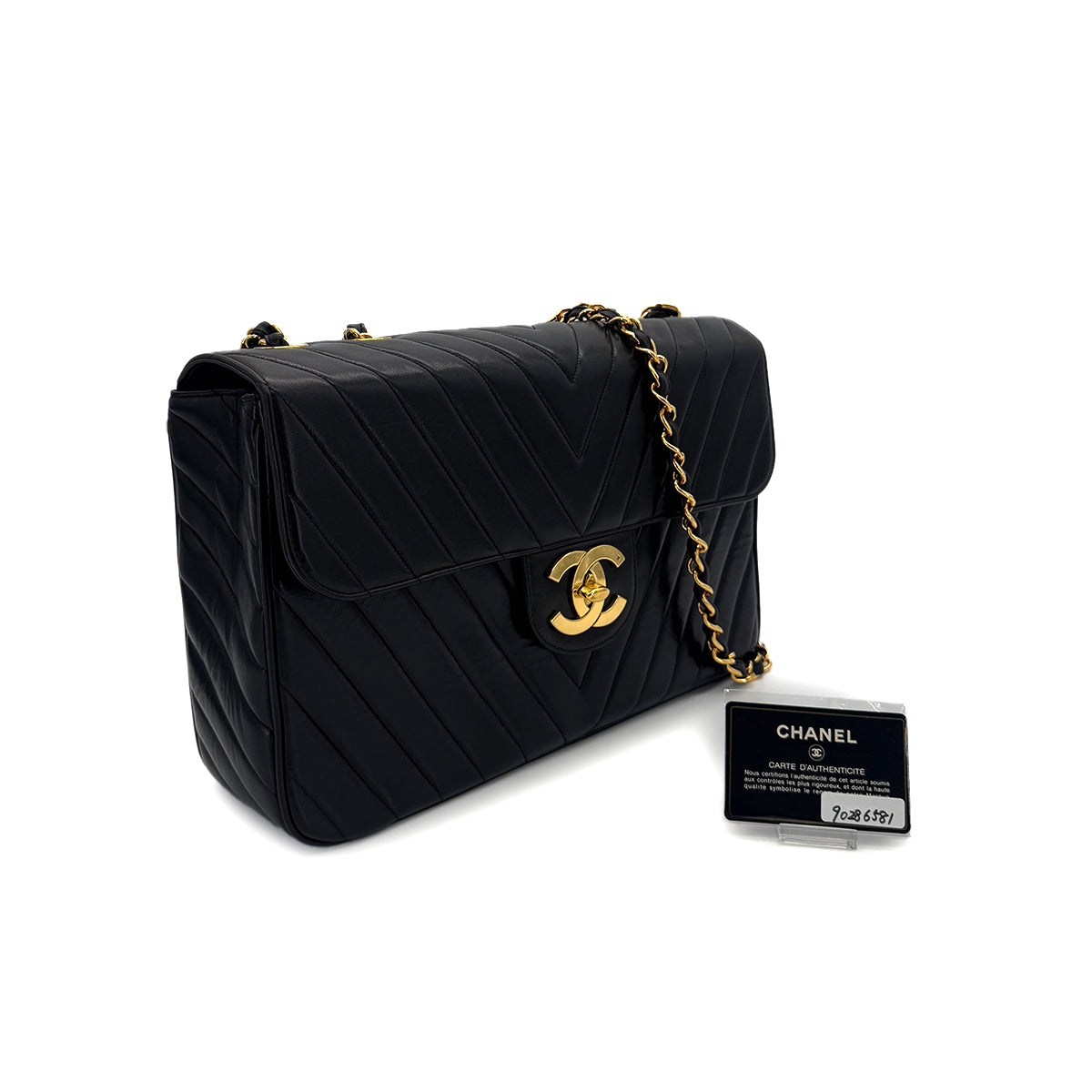 CHANEL VINTAGE CHEVRON CHAIN SHOULDER BAG BLACK LAMB SKIN 90286581
