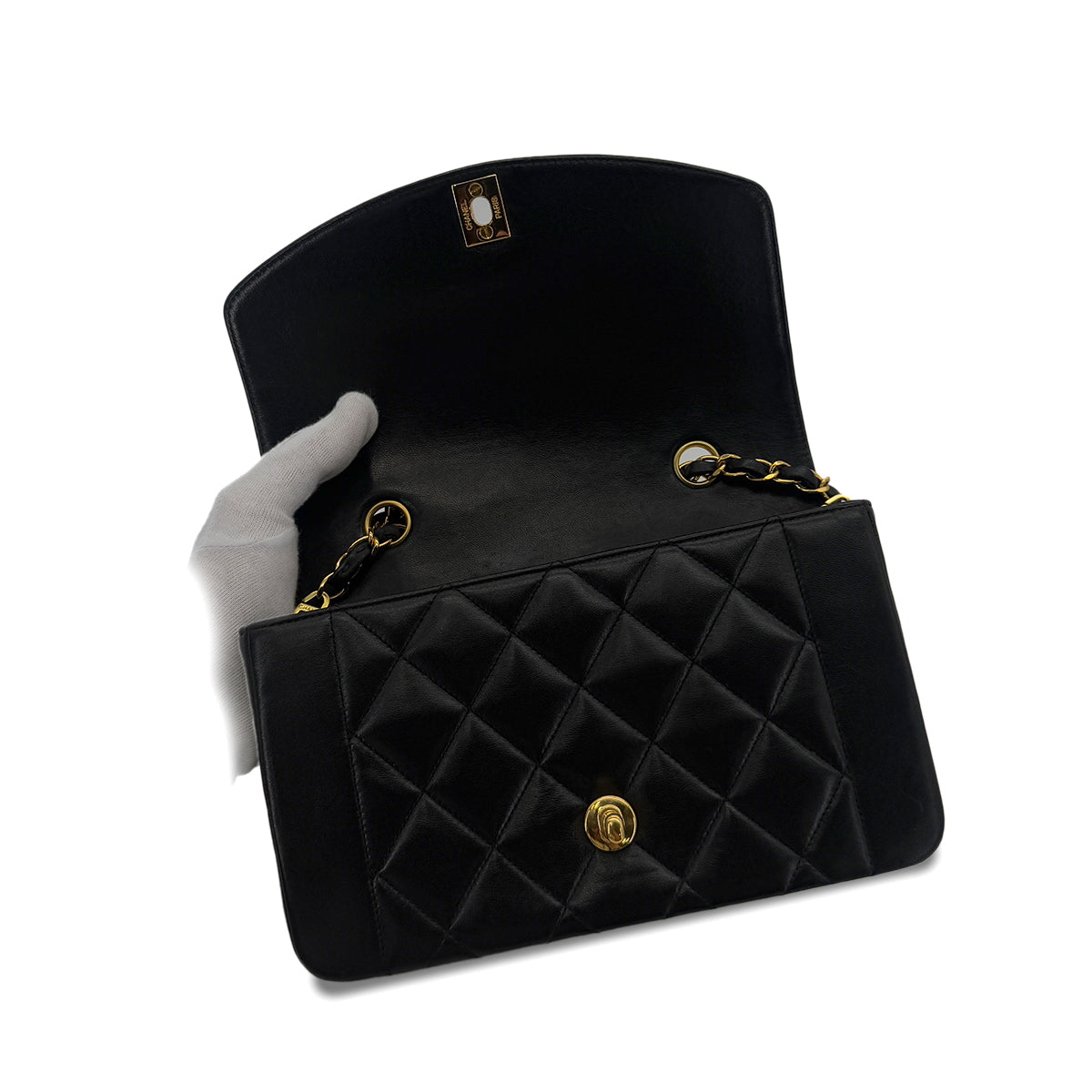 CHANEL VINTAGE DIANA SMALL CHAIN SHOULDER BAG BLACK LAMB SKIN 90286602