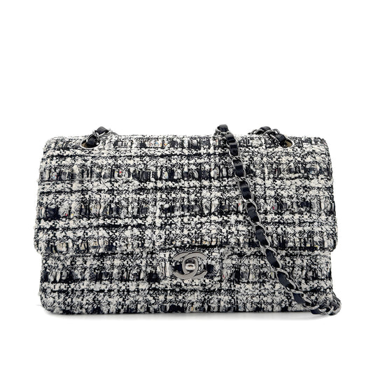 CHANEL VINTAGE MATELASSE CHAIN SHOULDER BAG BLACK WHITE TWEED 90286604