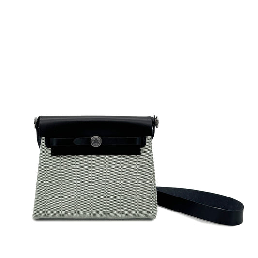 HERMES HER BAG ZIP 20 BLACK VERT MOYEN ECRU VACHE HUNTER TOILE H SHOULDER BAG K 90286869