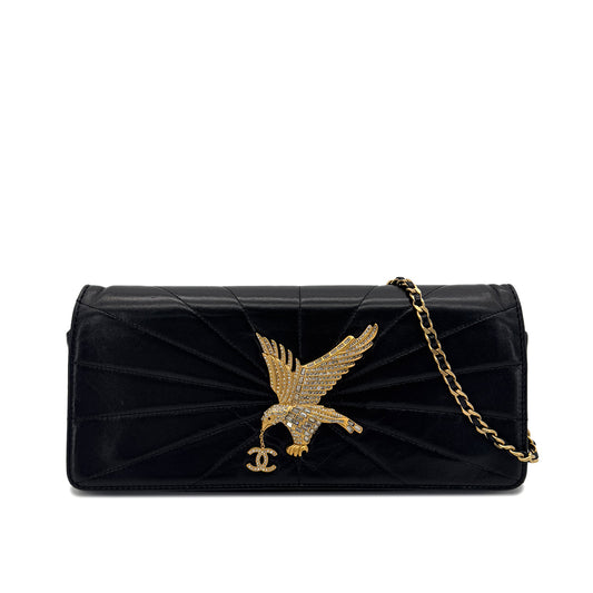 CHANEL VINTAGE STRASS IMPERIAL EAGLE CLUTCH CHAIN SHOULDER BAG COCOMARK RHINESTONE GOLD BLACK LAMB SKIN 90286870