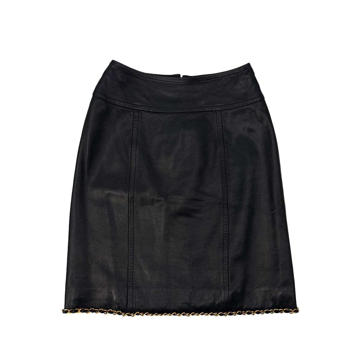 CHANEL VINTAGE LEATHER SKIRT WITH GOLD CHAIN HEM BLACK LAMB SKIN 36 RTW 90286886