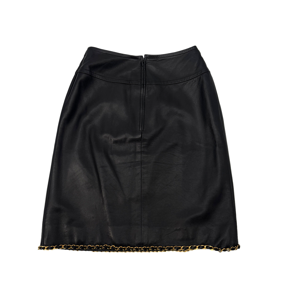 CHANEL VINTAGE LEATHER SKIRT WITH GOLD CHAIN HEM BLACK LAMB SKIN 36 RTW 90286886