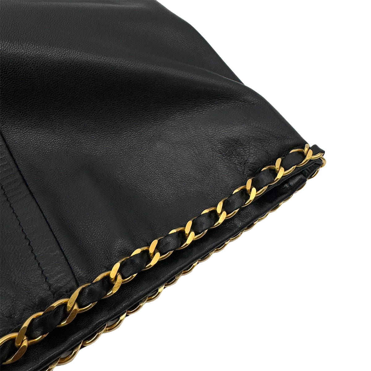 CHANEL VINTAGE LEATHER SKIRT WITH GOLD CHAIN HEM BLACK LAMB SKIN 36 RTW 90286886