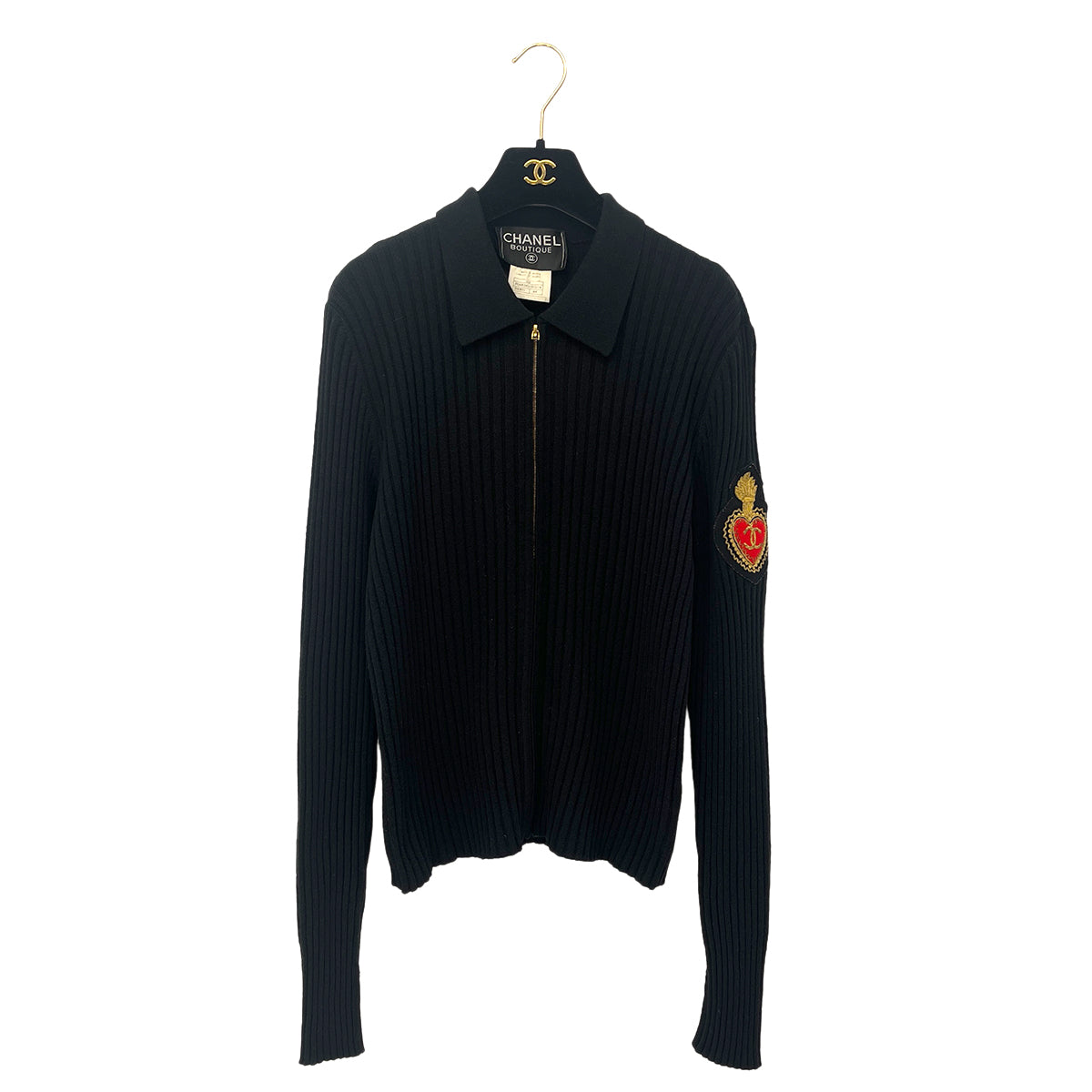CHANEL VINTAGE COCOMARK LOGO PATCH ZIP LIB KNIT TOPS BLACK CASHMERE 44 96A RTW 90286890