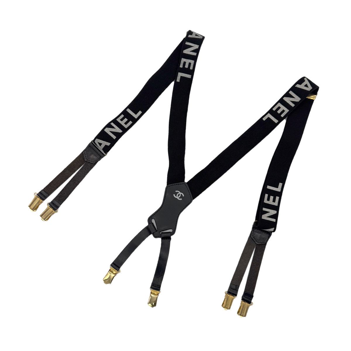 CHANEL VINTAGE SUSPENDER LOGO COCOMARK BLACK WHITE CANVAS LEATHER 90286891