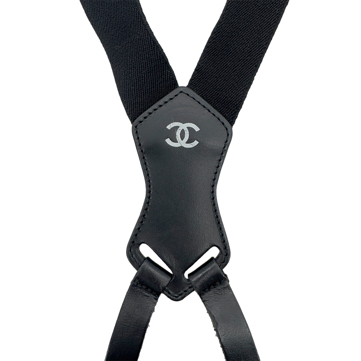 CHANEL VINTAGE SUSPENDER LOGO COCOMARK BLACK WHITE CANVAS LEATHER 90286891