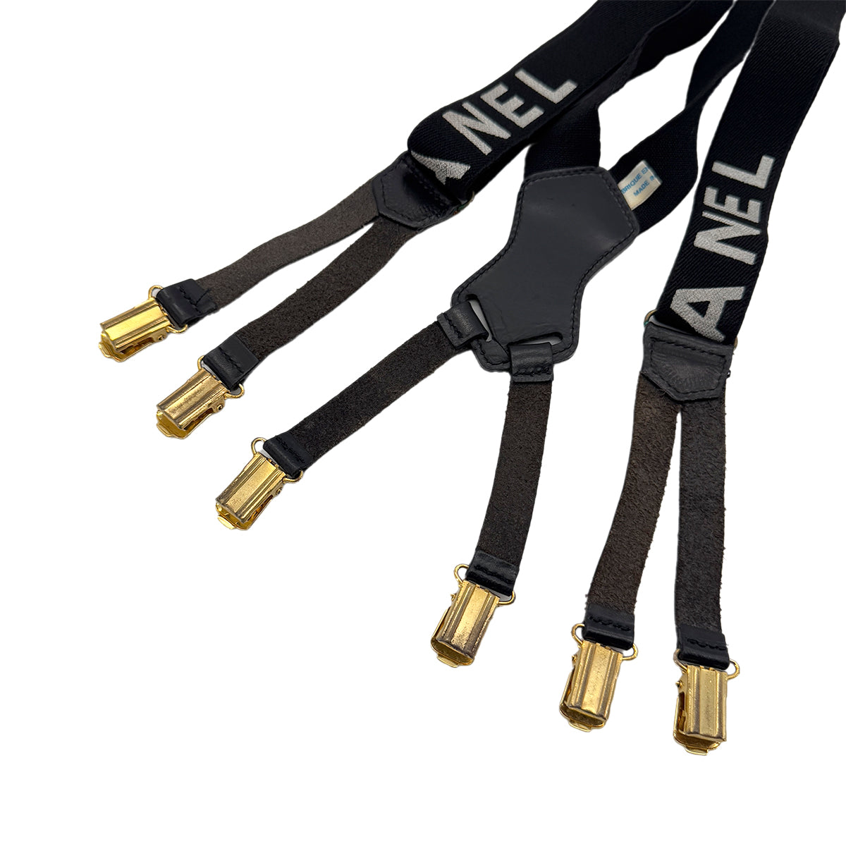 CHANEL VINTAGE SUSPENDER LOGO COCOMARK BLACK WHITE CANVAS LEATHER 90286891