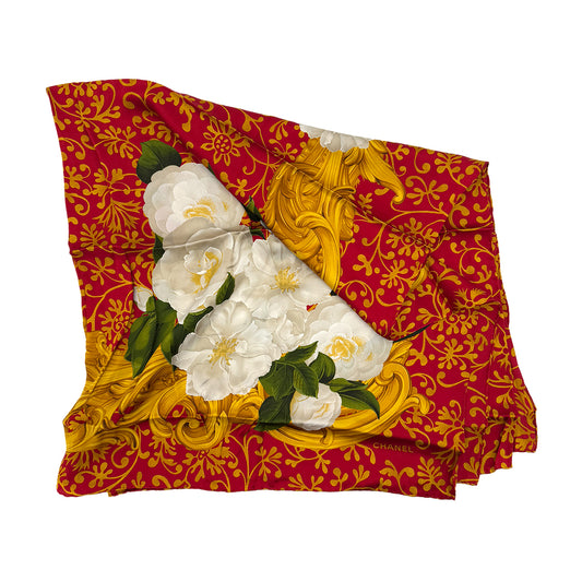CHANEL VINTAGE SCARF CAMELLIA PATTERN RED WHITE GOLD SILK 90286898