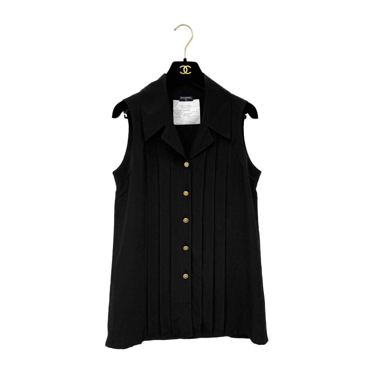 CHANEL VINTAGE PLEATED SLEEVELESS TOPS CLOVER GOLD BUTTON BLACK SILK 34 RTW 90286903