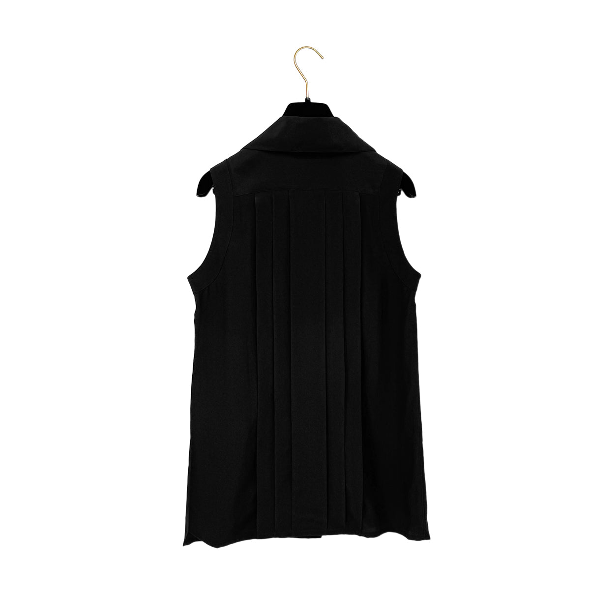 CHANEL VINTAGE PLEATED SLEEVELESS TOPS CLOVER GOLD BUTTON BLACK SILK 34 RTW 90286903