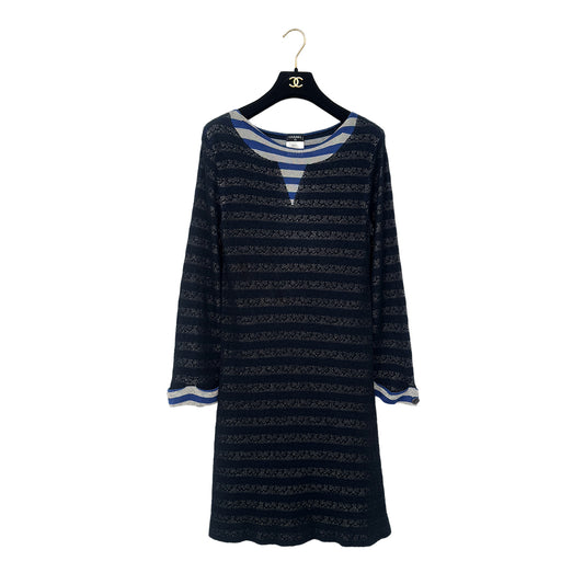 CHANEL BORDER DRESS COCO BUTTON  NAVY COTTON 38 P47 RTW 90286911