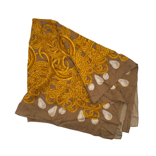 CHANEL VINTAGE SCARF GRIPOA PATTERN BEIGE YELLOW SILK 90286917