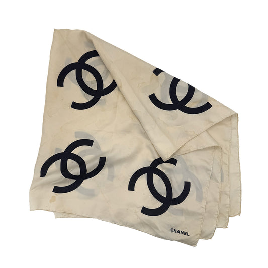 CHANEL VINTAGE SCARF COCOMARK BEIGE BLACK SILK 90286919