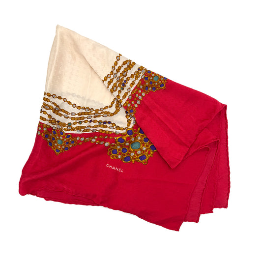 CHANEL VINTAGE SCARF GRIPOA PATTERN RED SILK 90286922