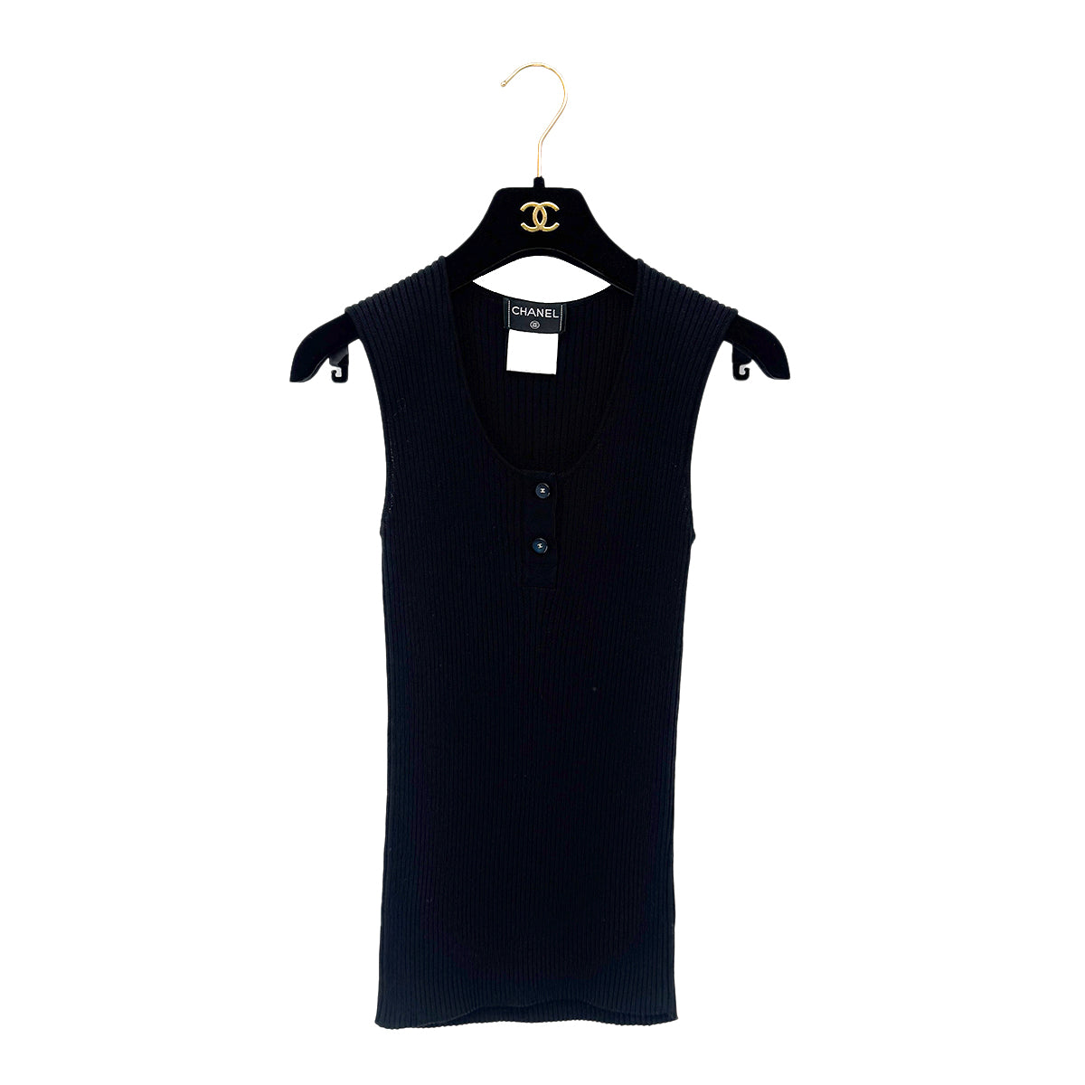 CHANEL VINTAGE COCO BUTTON SLEEVELESS RIB KNIT TOPS BLACK COTTON 36 99P RTW 90286923
