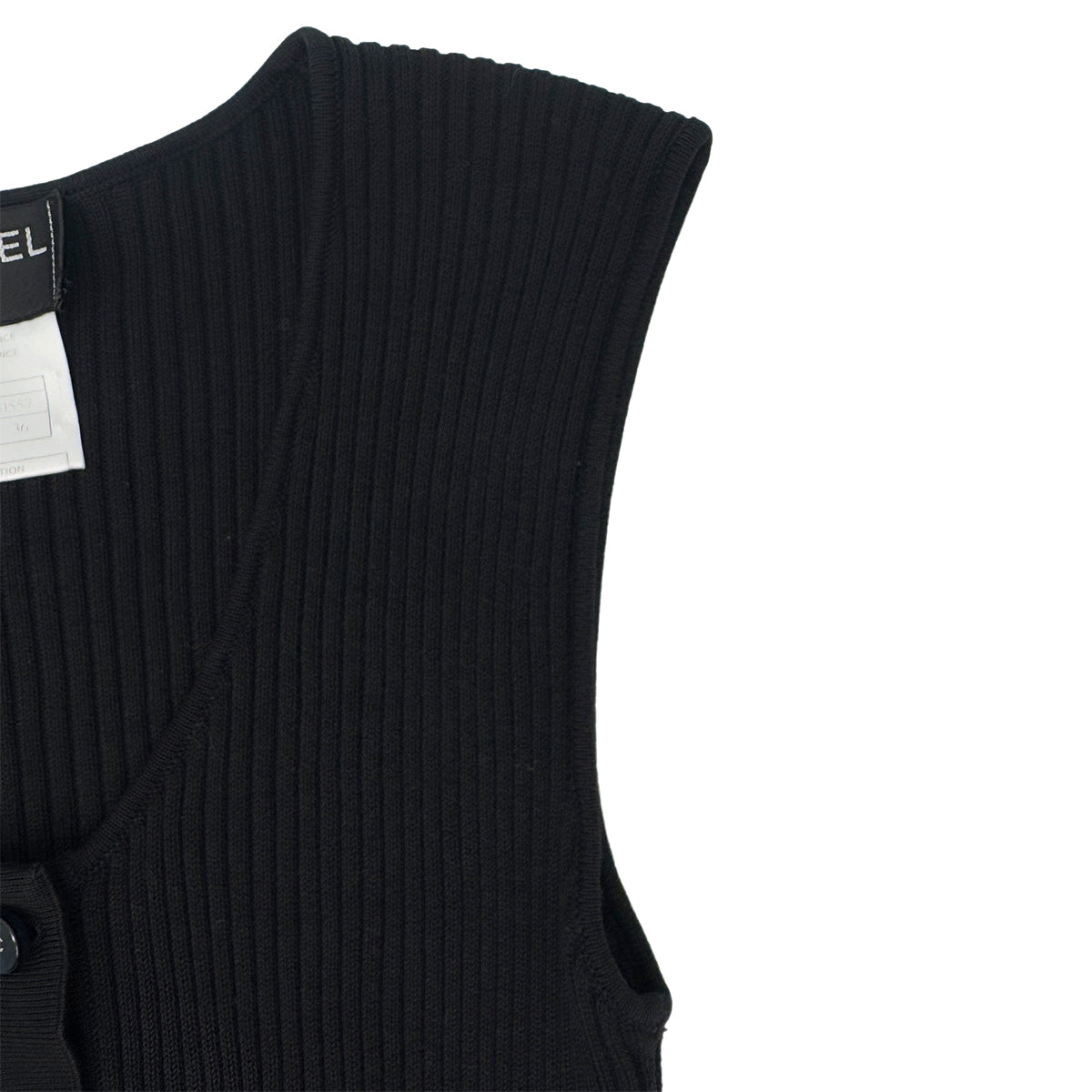 CHANEL VINTAGE COCO BUTTON SLEEVELESS RIB KNIT TOPS BLACK COTTON 36 99P RTW 90286923