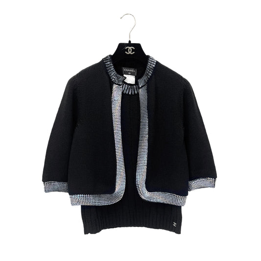 CHANEL COCOMARK TWIN KNIT SEQUINS CARDIGAN SLEEVELESS TOPS BLACK WOOL 38 99A RTW 900286925