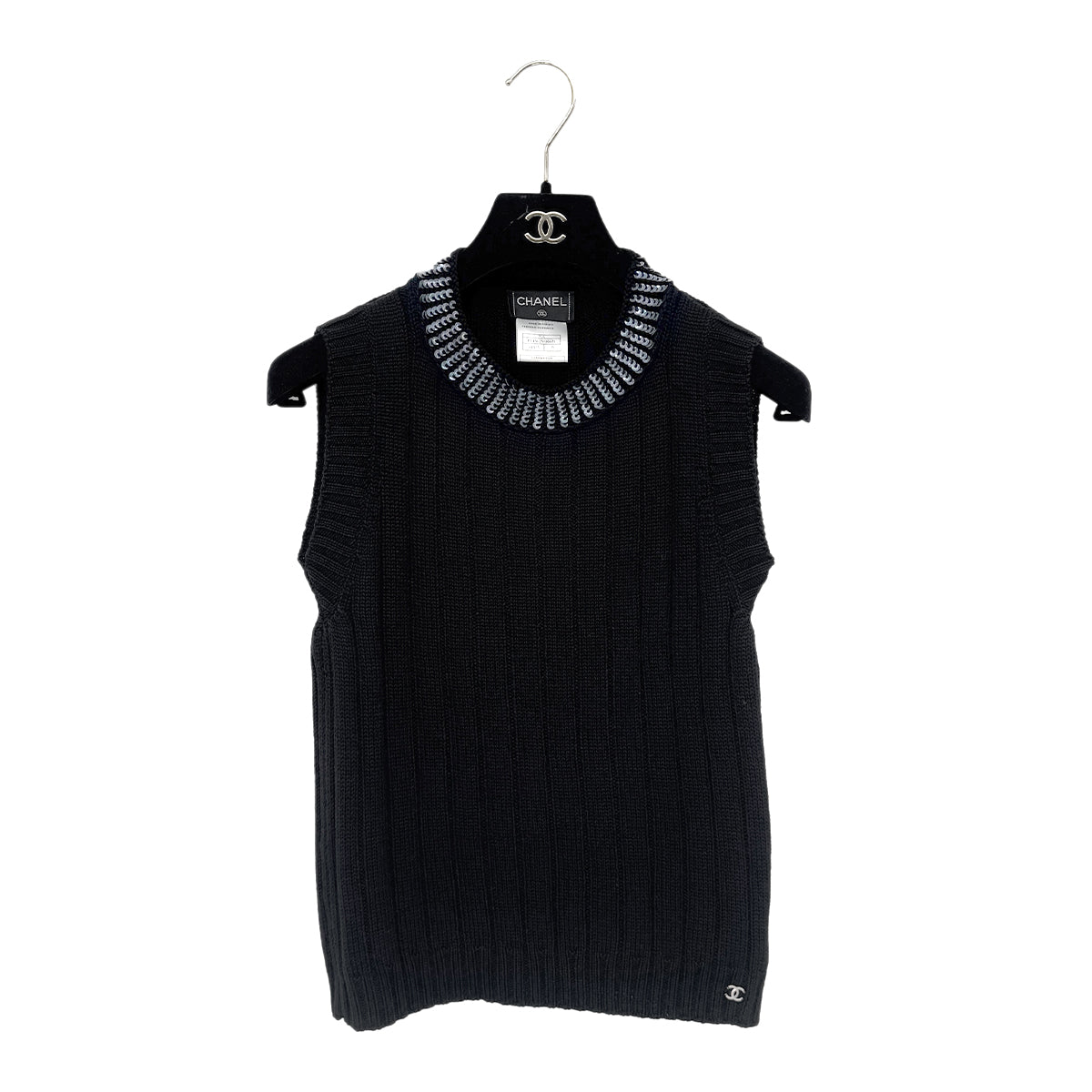 CHANEL COCOMARK TWIN KNIT SEQUINS CARDIGAN SLEEVELESS TOPS BLACK WOOL 38 99A RTW 900286925