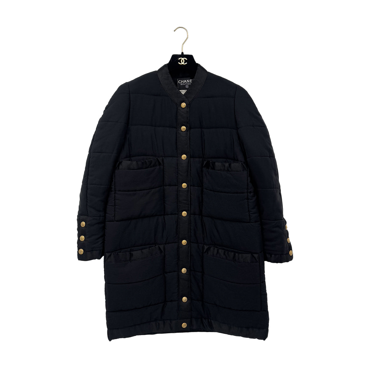 CHANEL VINTAGE COCO BUTTON FOUR POCKET DOWN COAT BLACK 38 RTW 90287075