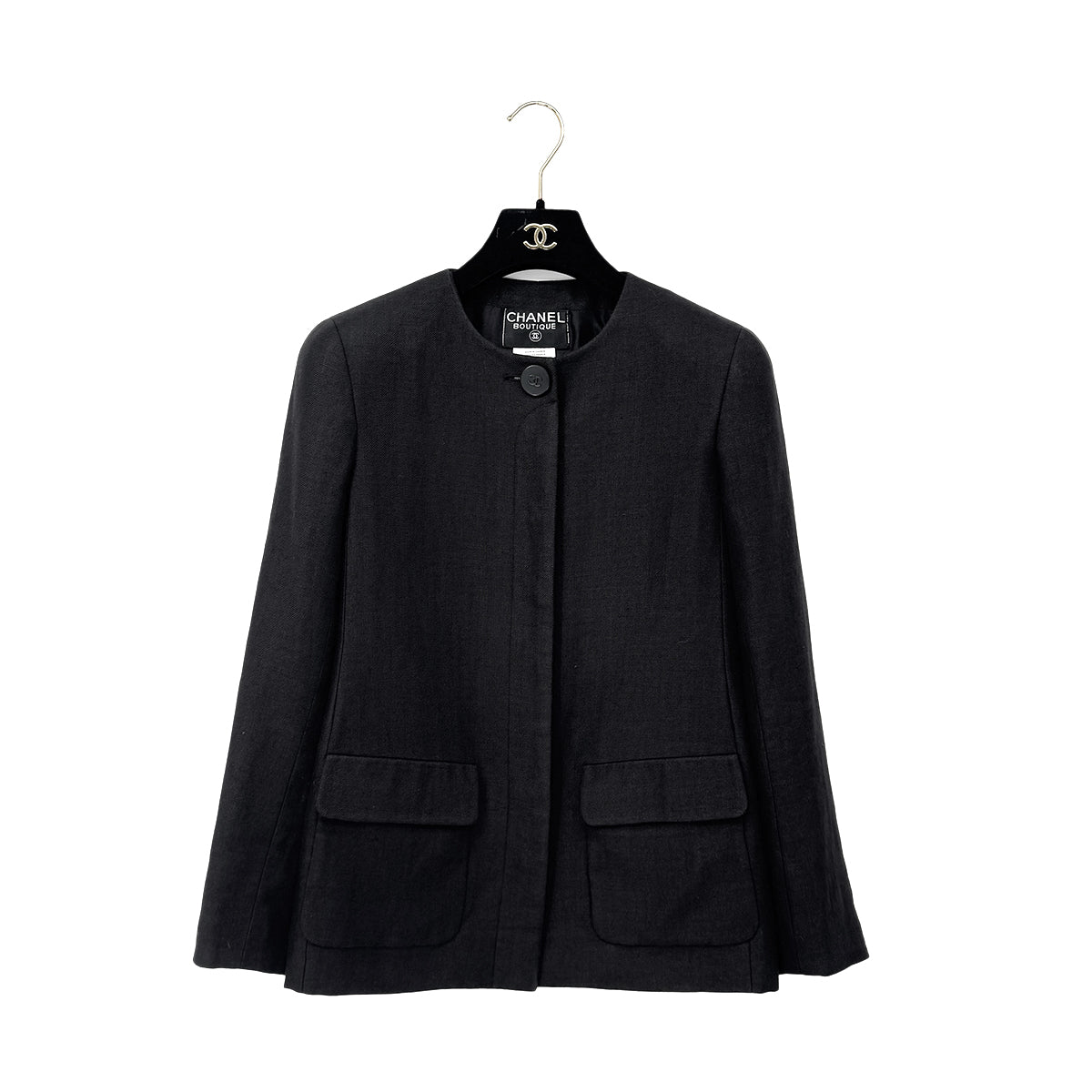 CHANEL VINTAGE COCO BUTTON NO-COLLAR JACKET BLACK LINEN 36 98C RTW 90287084
