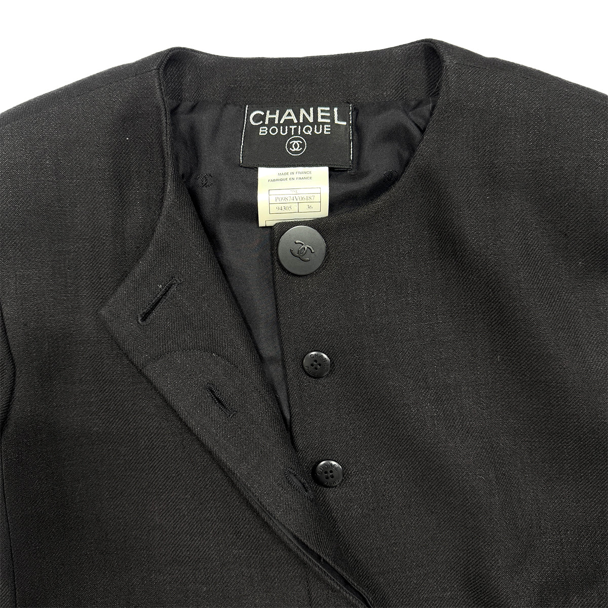 CHANEL VINTAGE COCO BUTTON NO-COLLAR JACKET BLACK LINEN 36 98C RTW 90287084