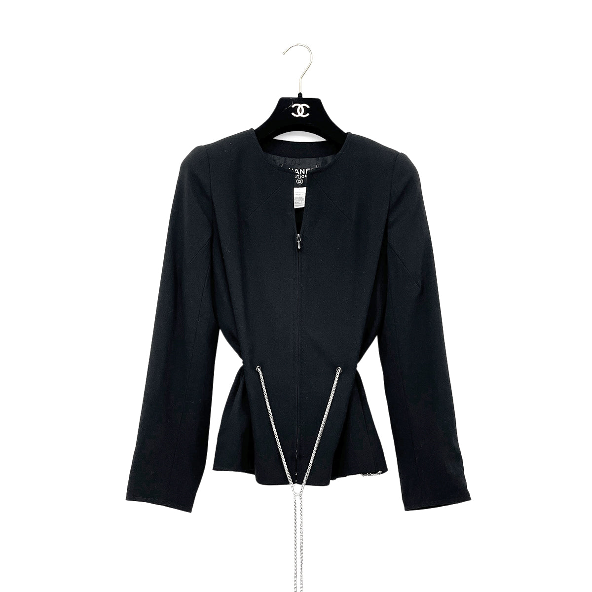 CHANEL VINTAGE COCOMARK CHAIN BELT JACKET COCO BUTTON SKIRT SET BLACK WOOL 34 98P RTW 90287085