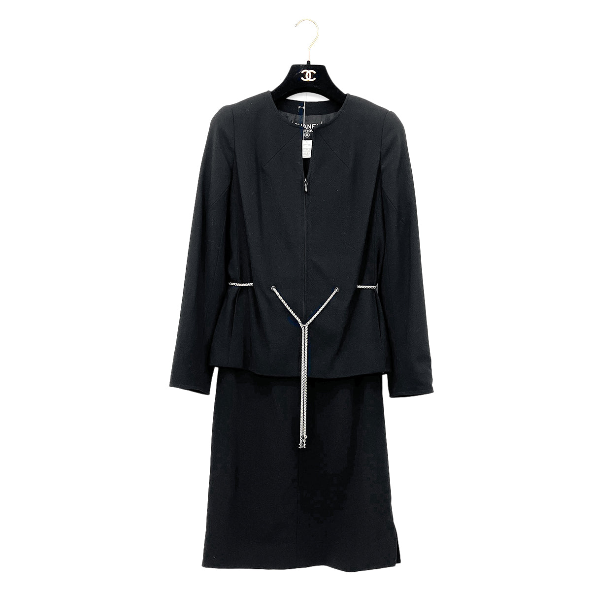 CHANEL VINTAGE COCOMARK CHAIN BELT JACKET COCO BUTTON SKIRT SET BLACK WOOL 34 98P RTW 90287085