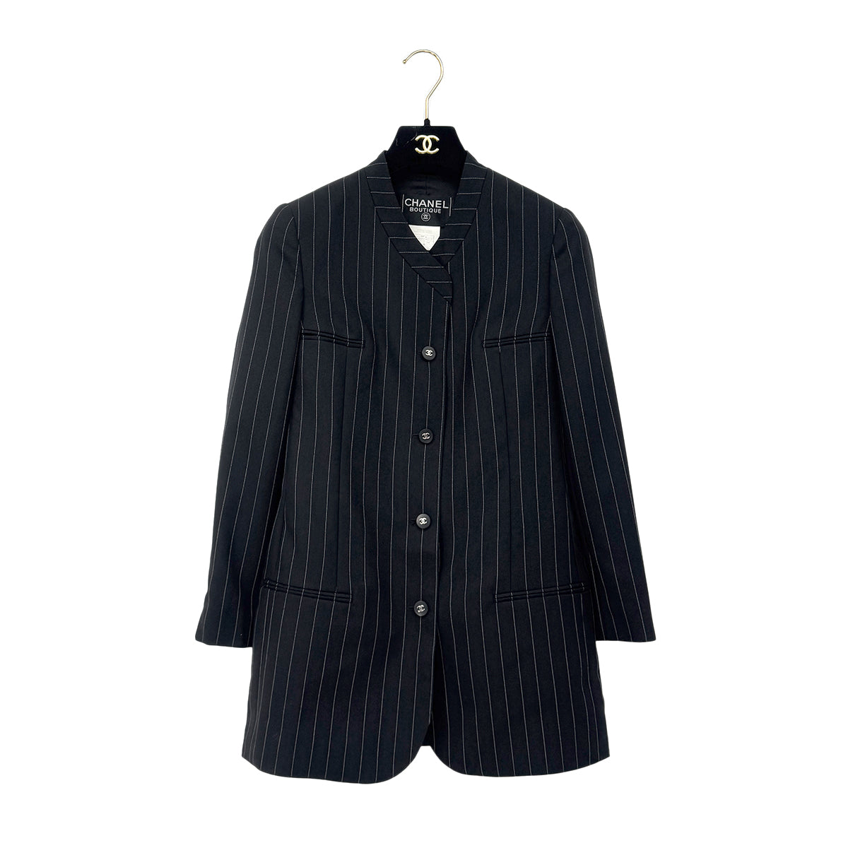 CHANEL VINTAGE COCO BUTTON STRIPE NO-COLLAR JACKET BLACK WOOL 44 96P RTW 90287087