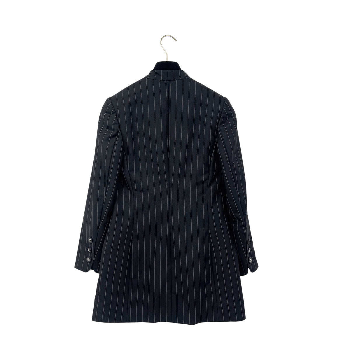 CHANEL VINTAGE COCO BUTTON STRIPE NO-COLLAR JACKET BLACK WOOL 44 96P RTW 90287087