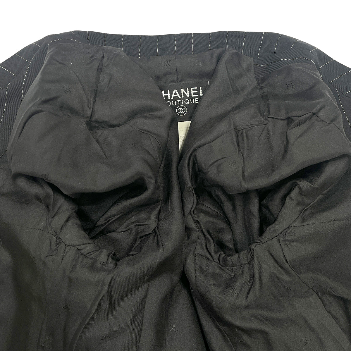 CHANEL VINTAGE COCO BUTTON STRIPE NO-COLLAR JACKET BLACK WOOL 44 96P RTW 90287087