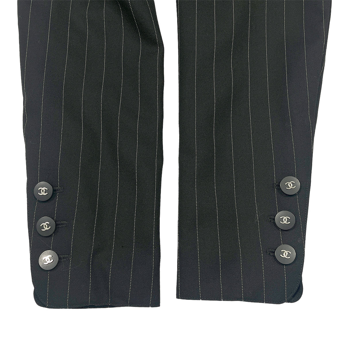 CHANEL VINTAGE COCO BUTTON STRIPE NO-COLLAR JACKET BLACK WOOL 44 96P RTW 90287087