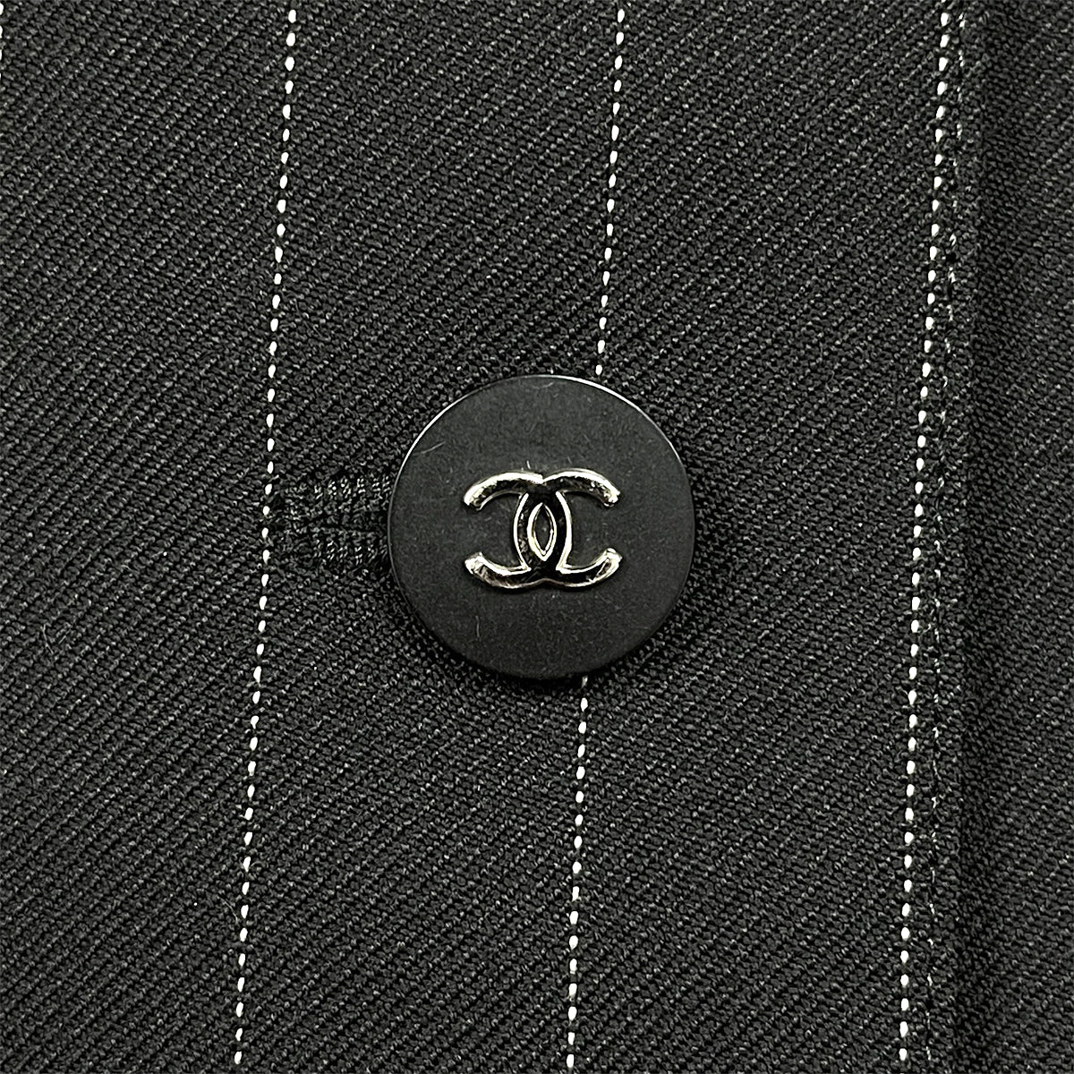 CHANEL VINTAGE COCO BUTTON STRIPE NO-COLLAR JACKET BLACK WOOL 44 96P RTW 90287087