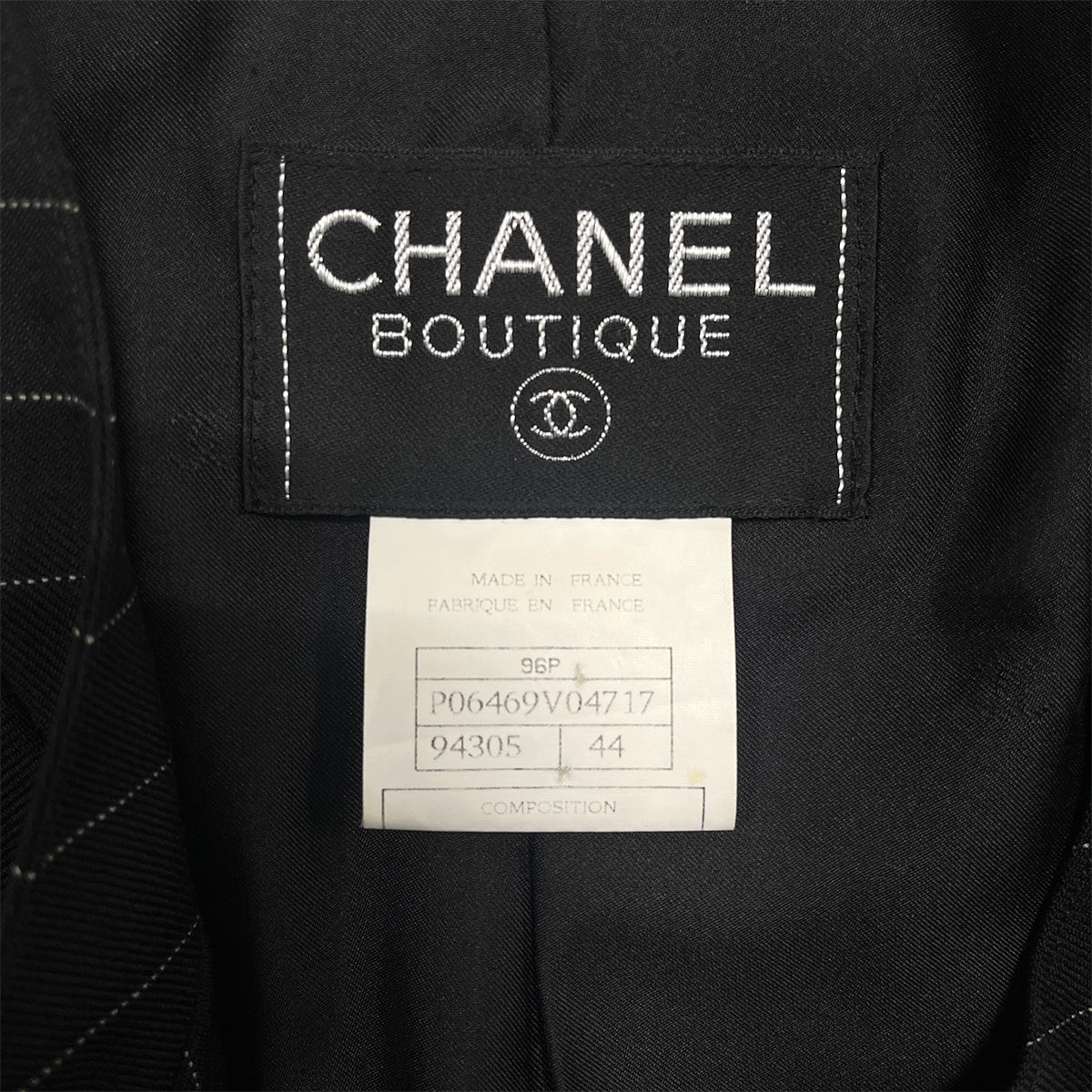 CHANEL VINTAGE COCO BUTTON STRIPE NO-COLLAR JACKET BLACK WOOL 44 96P RTW 90287087