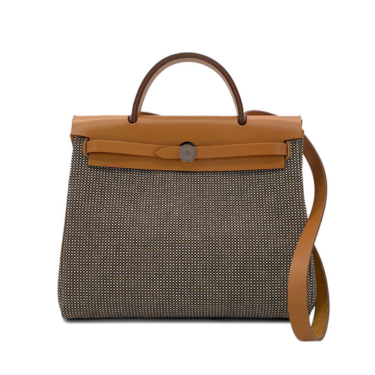 HERMES HER BAG ZIP PM 31 FAUVE VACHE HUNTER TOILE CADRILLE TOTE SHOULDER BAG Z 90287098