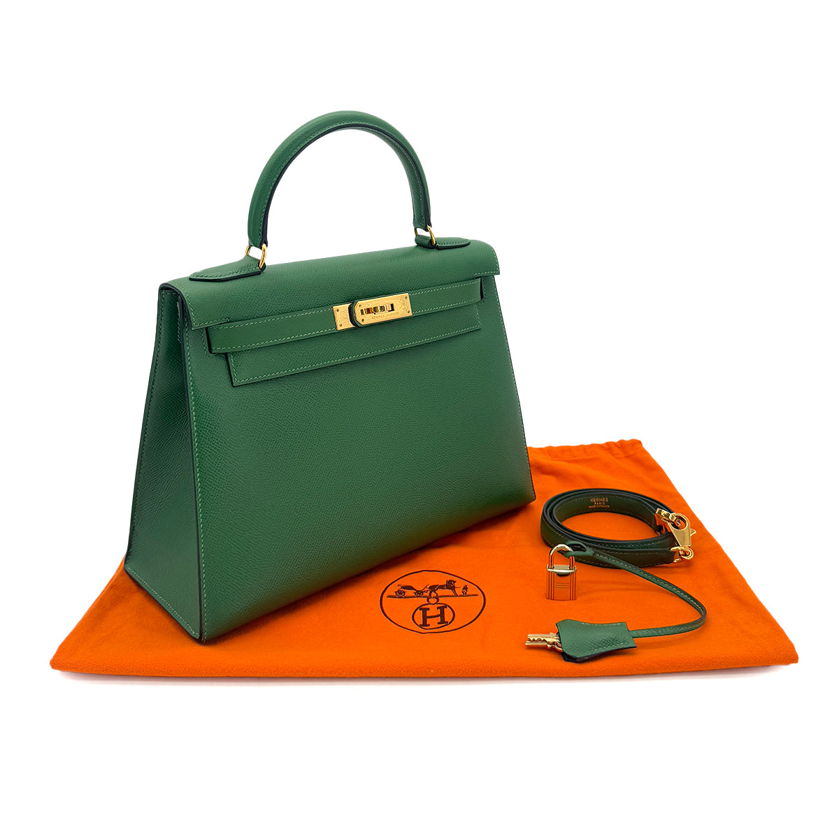 HERMES KELLY 28 SELLIER GREEN COUCHEVEL HAND SHOULDER BAG 〇Y GHW 90287104